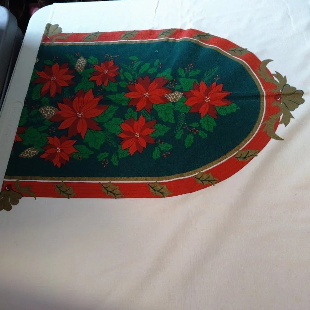 Christmas Tablecloth Rectangular Poinsettia Holly 100% Cotton 60x82 In.